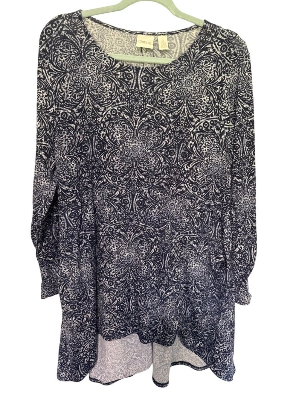 Chico's Dress Navy White Scroll Pattern Pockets Hi Low Knit Womans 2/L